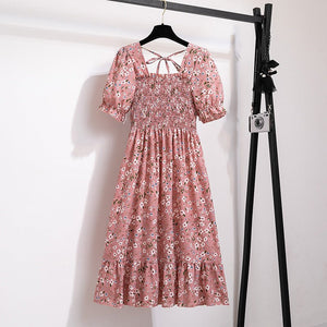 Spring and summer small fresh square neck lace dress short sleeve French floral bubble sleeve medium and long dress women - Negative Apparel