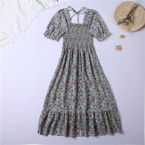 Spring and summer small fresh square neck lace dress short sleeve French floral bubble sleeve medium and long dress women - Negative Apparel