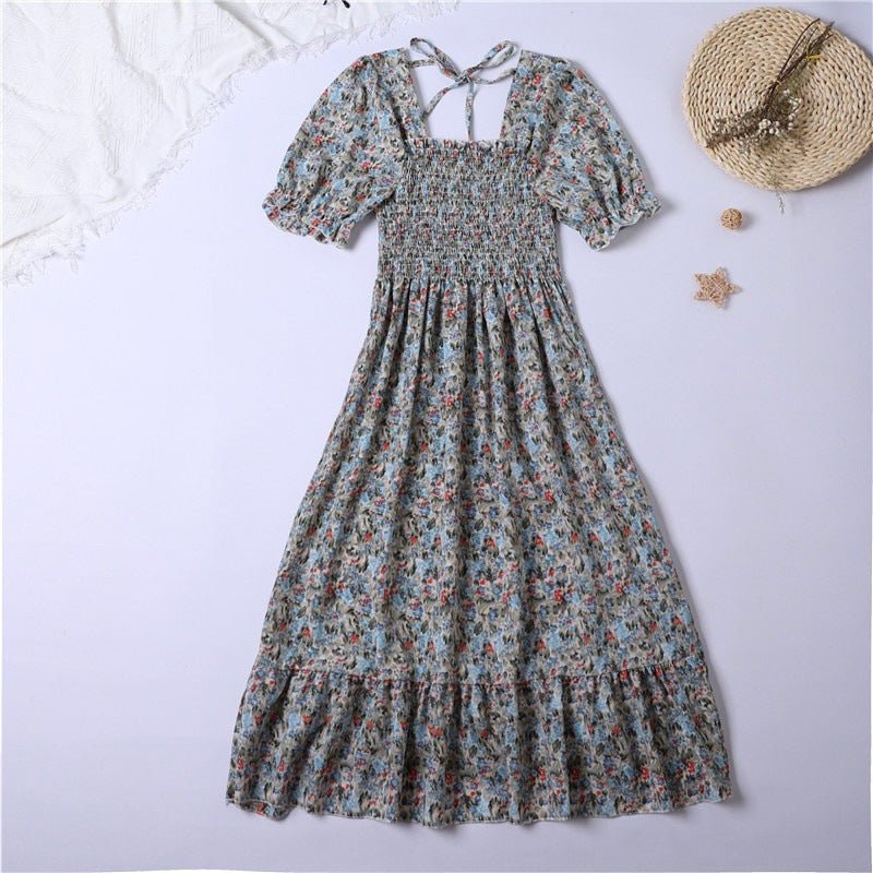Spring and summer small fresh square neck lace dress short sleeve French floral bubble sleeve medium and long dress women - Negative Apparel