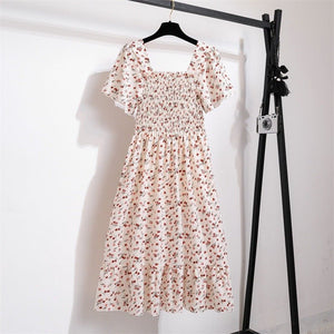 Spring and summer small fresh square neck lace dress short sleeve French floral bubble sleeve medium and long dress women - Negative Apparel