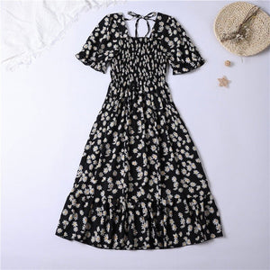 Spring and summer small fresh square neck lace dress short sleeve French floral bubble sleeve medium and long dress women - Negative Apparel