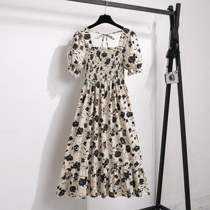 Spring and summer small fresh square neck lace dress short sleeve French floral bubble sleeve medium and long dress women - Negative Apparel