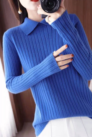 Spring, Autumn and Winter Long Sleeve Knitted Sweater POLO Shirt Doll Collar Sweater Versatile Slim Skinny Foreign Top Bottom Shirt - Negative Apparel