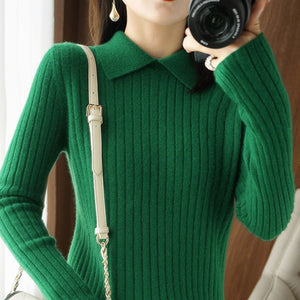 Spring, Autumn and Winter Long Sleeve Knitted Sweater POLO Shirt Doll Collar Sweater Versatile Slim Skinny Foreign Top Bottom Shirt - Negative Apparel