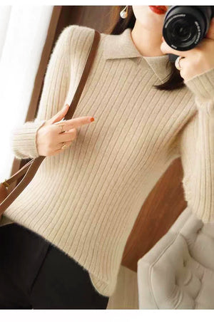Spring, Autumn and Winter Long Sleeve Knitted Sweater POLO Shirt Doll Collar Sweater Versatile Slim Skinny Foreign Top Bottom Shirt - Negative Apparel