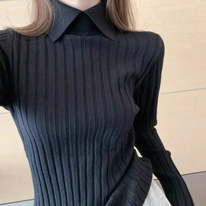 Spring, Autumn and Winter Long Sleeve Knitted Sweater POLO Shirt Doll Collar Sweater Versatile Slim Skinny Foreign Top Bottom Shirt - Negative Apparel