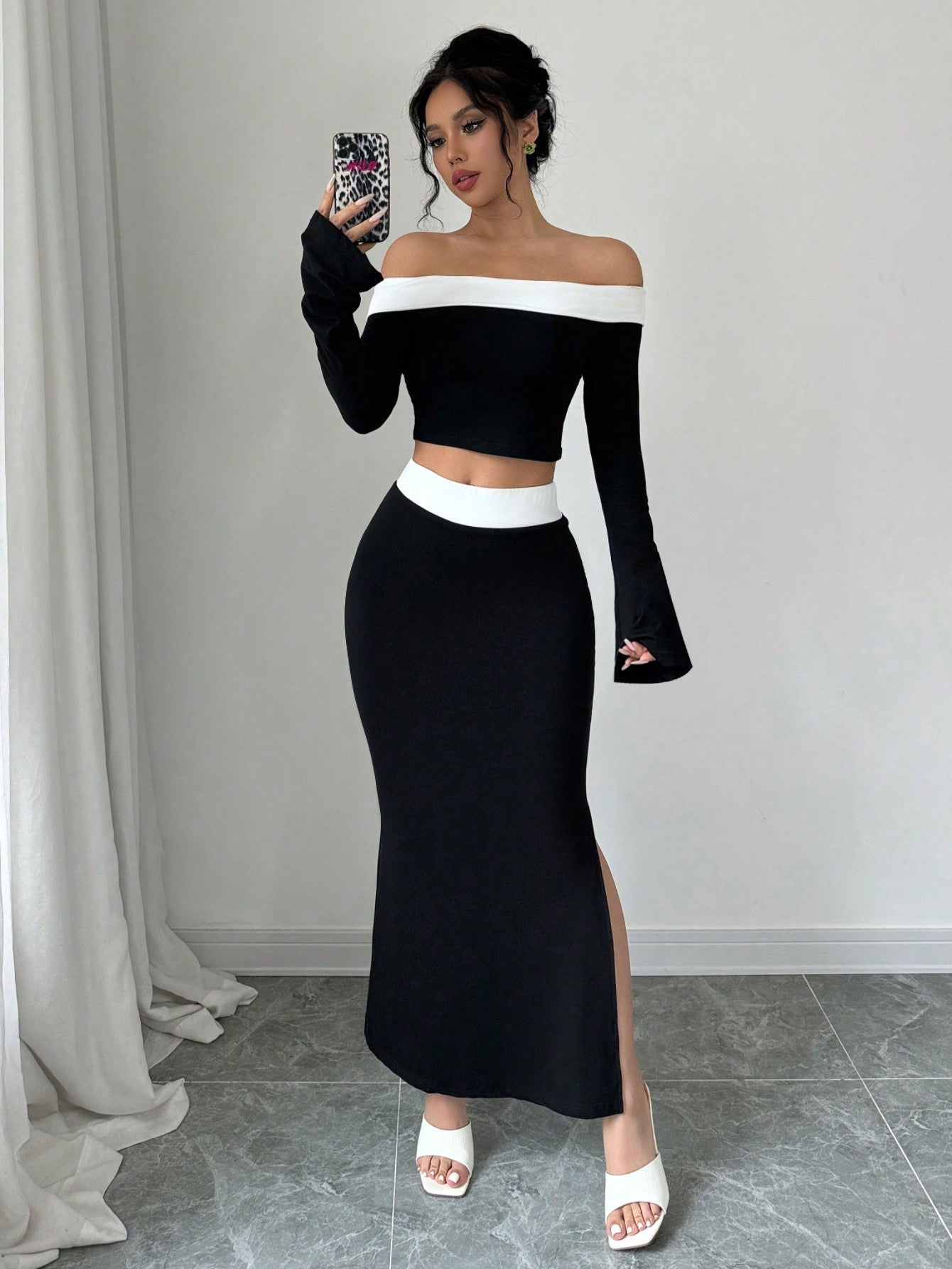 Spring/Summer Elegant Color Block Off Shoulder Cropped T-Shirt + Side Slit Fish Tail Skirt Outfit Set - Negative Apparel