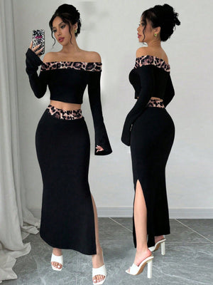 Spring/Summer Elegant Color Block Off Shoulder Cropped T-Shirt + Side Slit Fish Tail Skirt Outfit Set - Negative Apparel