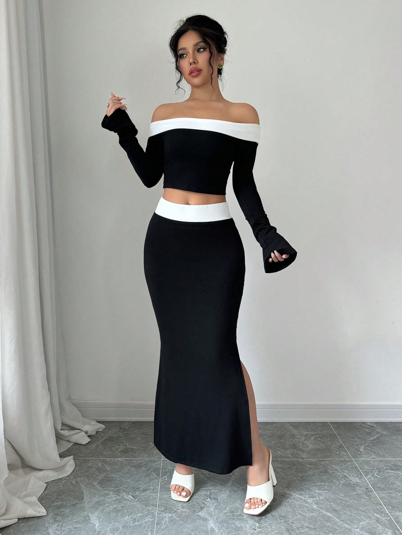 Spring/Summer Elegant Color Block Off Shoulder Cropped T-Shirt + Side Slit Fish Tail Skirt Outfit Set - Negative Apparel