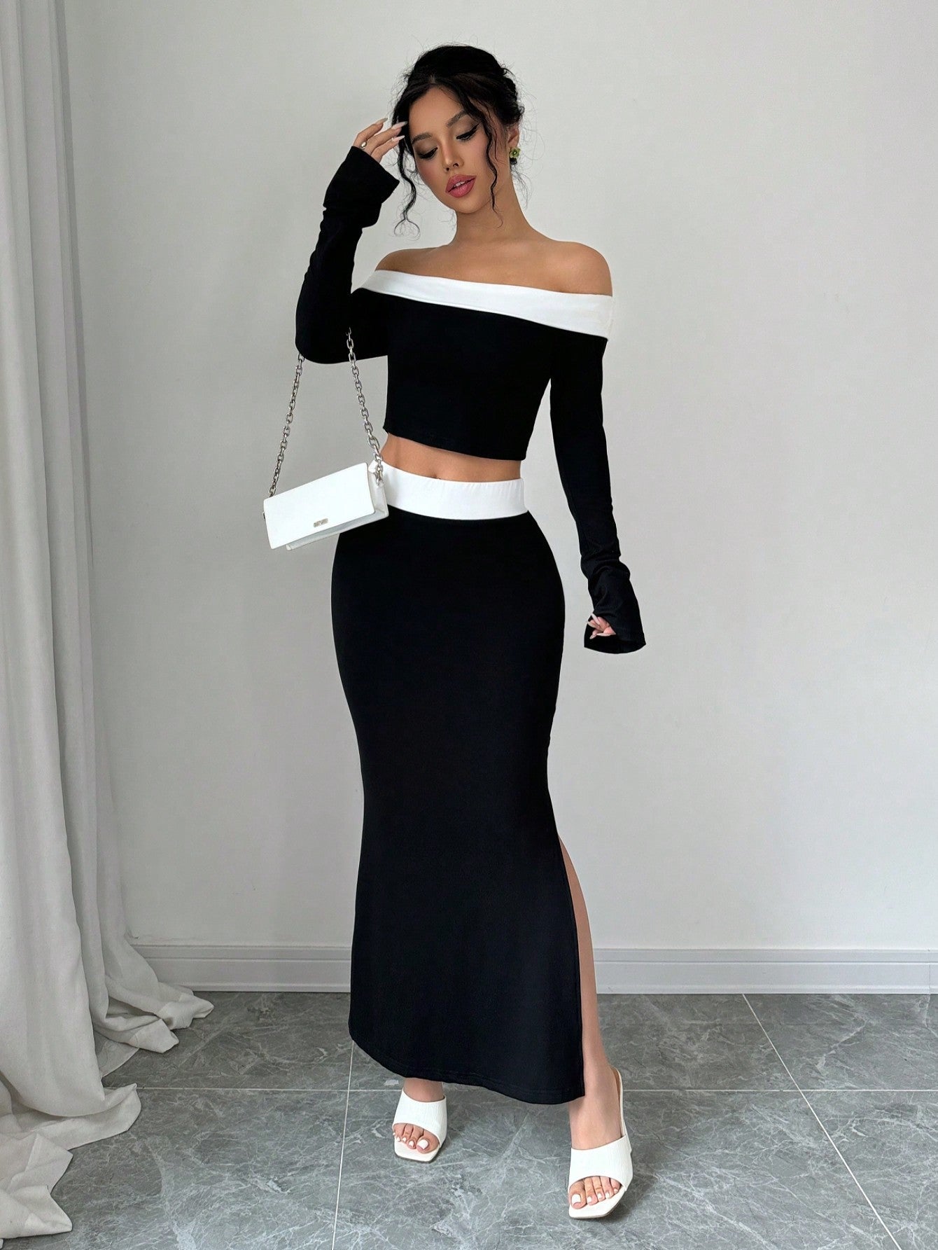 Spring/Summer Elegant Color Block Off Shoulder Cropped T-Shirt + Side Slit Fish Tail Skirt Outfit Set - Negative Apparel
