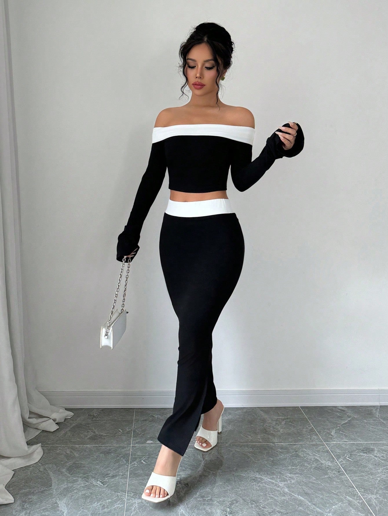 Spring/Summer Elegant Color Block Off Shoulder Cropped T-Shirt + Side Slit Fish Tail Skirt Outfit Set - Negative Apparel