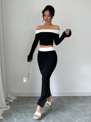 Spring/Summer Elegant Color Block Off Shoulder Cropped T-Shirt + Side Slit Fish Tail Skirt Outfit Set - Negative Apparel