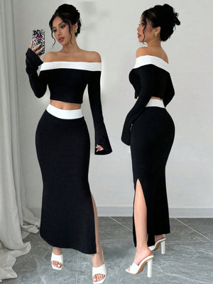 Spring/Summer Elegant Color Block Off Shoulder Cropped T-Shirt + Side Slit Fish Tail Skirt Outfit Set - Negative Apparel
