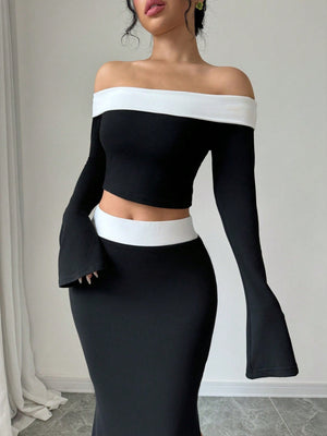 Spring/Summer Elegant Color Block Off Shoulder Cropped T-Shirt + Side Slit Fish Tail Skirt Outfit Set - Negative Apparel