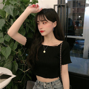 Square collar knitted sweater short - sleeved T-shirt women's 2025 summer new slim fit inner wear one - shoulder bottoming shirt Korean style top - Negative Apparel