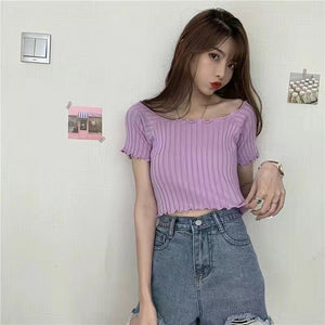 Square collar knitted sweater short - sleeved T-shirt women's 2025 summer new slim fit inner wear one - shoulder bottoming shirt Korean style top - Negative Apparel