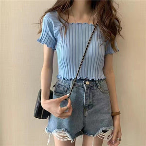 Square collar knitted sweater short - sleeved T-shirt women's 2025 summer new slim fit inner wear one - shoulder bottoming shirt Korean style top - Negative Apparel