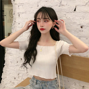 Square collar knitted sweater short - sleeved T-shirt women's 2025 summer new slim fit inner wear one - shoulder bottoming shirt Korean style top - Negative Apparel
