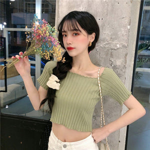 Square collar knitted sweater short - sleeved T-shirt women's 2025 summer new slim fit inner wear one - shoulder bottoming shirt Korean style top - Negative Apparel