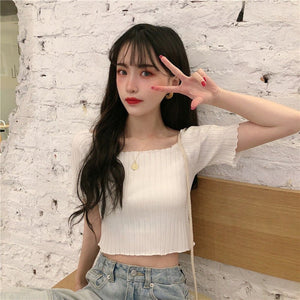 Square collar knitted sweater short - sleeved T-shirt women's 2025 summer new slim fit inner wear one - shoulder bottoming shirt Korean style top - Negative Apparel
