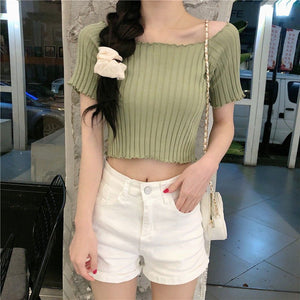 Square collar knitted sweater short - sleeved T-shirt women's 2025 summer new slim fit inner wear one - shoulder bottoming shirt Korean style top - Negative Apparel