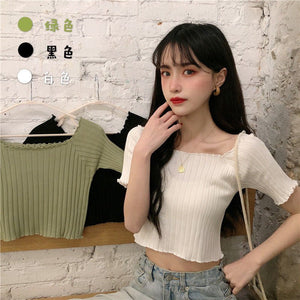 Square collar knitted sweater short - sleeved T-shirt women's 2025 summer new slim fit inner wear one - shoulder bottoming shirt Korean style top - Negative Apparel