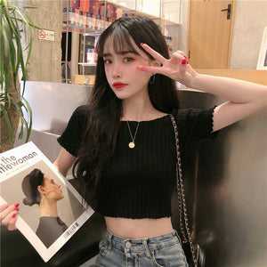 Square collar knitted sweater short - sleeved T-shirt women's 2025 summer new slim fit inner wear one - shoulder bottoming shirt Korean style top - Negative Apparel