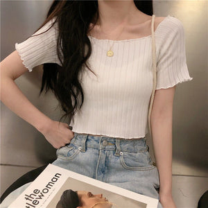 Square collar knitted sweater short - sleeved T-shirt women's 2025 summer new slim fit inner wear one - shoulder bottoming shirt Korean style top - Negative Apparel