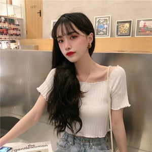 Square collar knitted sweater short - sleeved T-shirt women's 2025 summer new slim fit inner wear one - shoulder bottoming shirt Korean style top - Negative Apparel