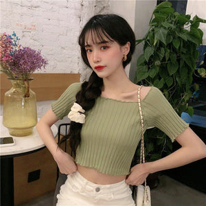 Square collar knitted sweater short - sleeved T-shirt women's 2025 summer new slim fit inner wear one - shoulder bottoming shirt Korean style top - Negative Apparel