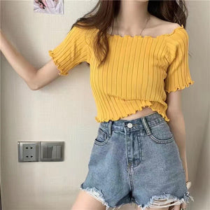 Square collar knitted sweater short - sleeved T-shirt women's 2025 summer new slim fit inner wear one - shoulder bottoming shirt Korean style top - Negative Apparel
