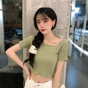 Square collar knitted sweater short - sleeved T-shirt women's 2025 summer new slim fit inner wear one - shoulder bottoming shirt Korean style top - Negative Apparel