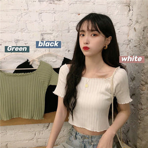 Square collar knitted sweater short - sleeved T-shirt women's 2025 summer new slim fit inner wear one - shoulder bottoming shirt Korean style top - Negative Apparel