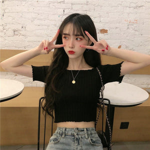 Square collar knitted sweater short - sleeved T-shirt women's 2025 summer new slim fit inner wear one - shoulder bottoming shirt Korean style top - Negative Apparel