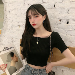 Square collar knitted sweater short - sleeved T-shirt women's 2025 summer new slim fit inner wear one - shoulder bottoming shirt Korean style top - Negative Apparel