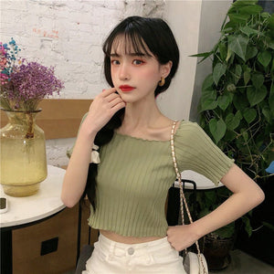 Square collar knitted sweater short - sleeved T-shirt women's 2025 summer new slim fit inner wear one - shoulder bottoming shirt Korean style top - Negative Apparel