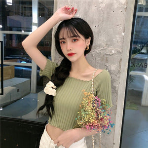 Square collar knitted sweater short - sleeved T-shirt women's 2025 summer new slim fit inner wear one - shoulder bottoming shirt Korean style top - Negative Apparel