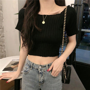 Square collar knitted sweater short - sleeved T-shirt women's 2025 summer new slim fit inner wear one - shoulder bottoming shirt Korean style top - Negative Apparel