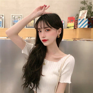 Square collar knitted sweater short - sleeved T-shirt women's 2025 summer new slim fit inner wear one - shoulder bottoming shirt Korean style top - Negative Apparel