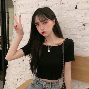 Square collar knitted sweater short - sleeved T-shirt women's 2025 summer new slim fit inner wear one - shoulder bottoming shirt Korean style top - Negative Apparel