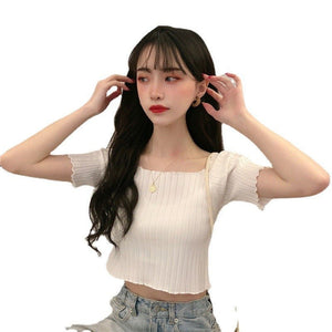 Square collar knitted sweater short - sleeved T-shirt women's 2025 summer new slim fit inner wear one - shoulder bottoming shirt Korean style top - Negative Apparel