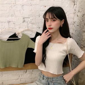 Square collar knitted sweater short - sleeved T-shirt women's 2025 summer new slim fit inner wear one - shoulder bottoming shirt Korean style top - Negative Apparel