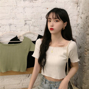 Square collar knitted sweater short - sleeved T-shirt women's 2025 summer new slim fit inner wear one - shoulder bottoming shirt Korean style top - Negative Apparel