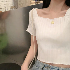 Square collar knitted sweater short - sleeved T-shirt women's 2025 summer new slim fit inner wear one - shoulder bottoming shirt Korean style top - Negative Apparel