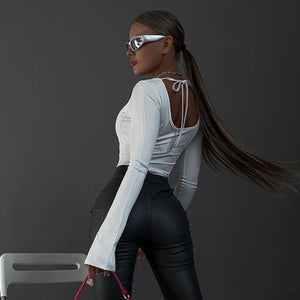 Square neck pullover slim long - sleeved knitted top - Negative Apparel