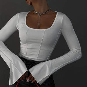 Square neck pullover slim long - sleeved knitted top - Negative Apparel