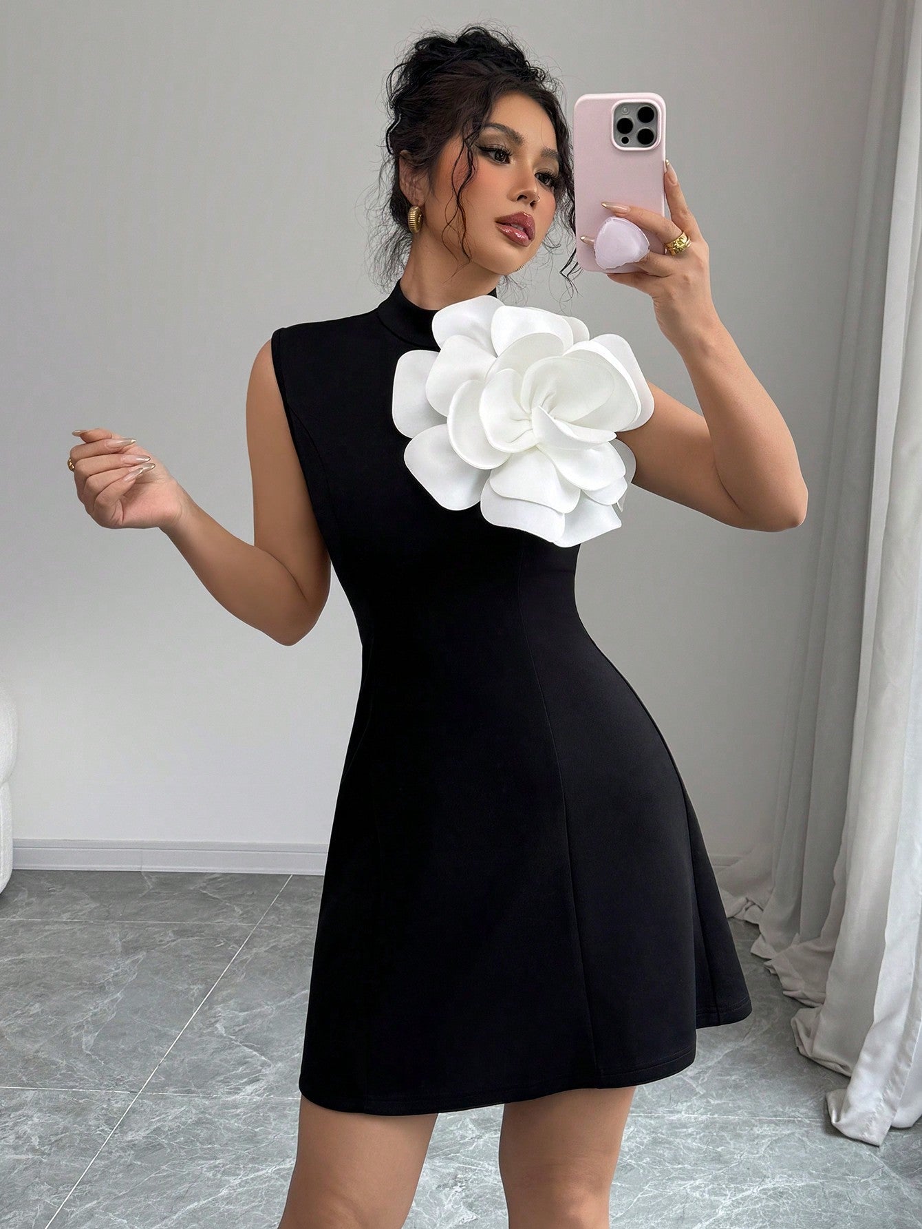 Stand Collar Waist - Cinched Fitted A - Line Mini Dress With Floral Applique, Elegant For Holiday, Commute & Vacation, Contrast Color - Negative Apparel