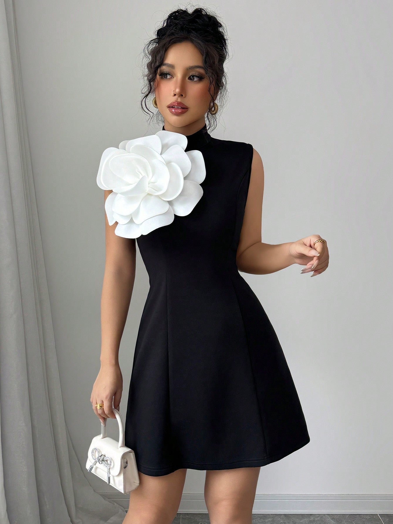 Stand Collar Waist - Cinched Fitted A - Line Mini Dress With Floral Applique, Elegant For Holiday, Commute & Vacation, Contrast Color - Negative Apparel