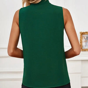 Stand - up collar tie bow sleeveless loose solid color tops - Negative Apparel