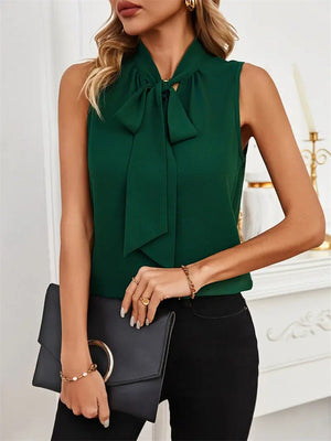 Stand - up collar tie bow sleeveless loose solid color tops - Negative Apparel